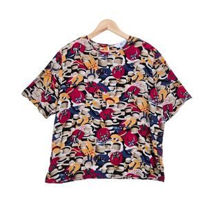Vintage 90s Silk Blouse L Novelty Print Hat Scarf Short Sleeve Art To Wear Retro